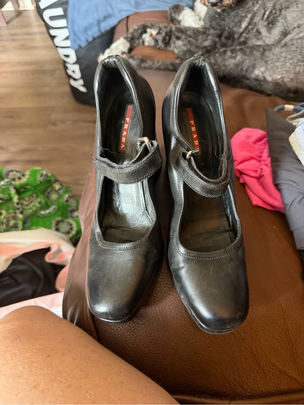 Prada Black Leather Mary Jane Heels with Buckle Strap
